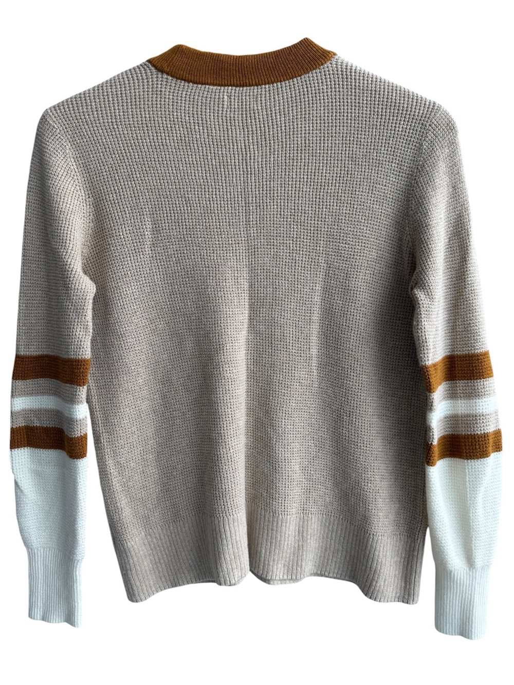FAHERTY Throwback Crew Neck Waffle Knit Sweater in Tan Oat Varsity Stripe Small - Picture 6 of 11